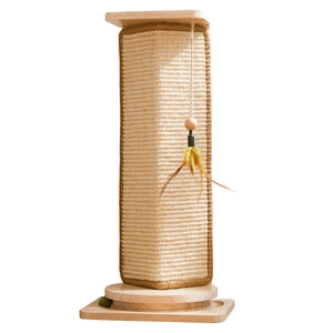 Vertical sisal cat scratching post with wooden base and dangling feather toy