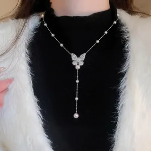 Collana Pendente Farfalla Imitazione Perla Artificial Zircone Rame Nappa Lunga Forma Y Gioielli Eleganti Regalo Donne