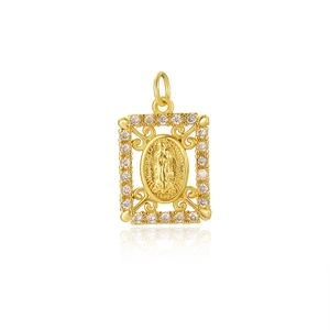 Detailed close-up of a gold oval pendant with zircon borders and religious portrait