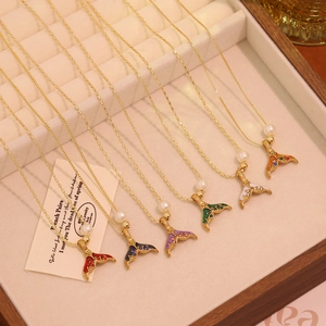 Set of luxury vintage gold fishtail pendant necklaces with colorful enamel and pearls
