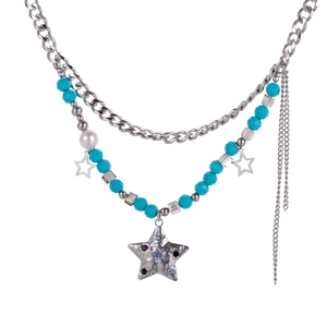 Bohemian multilayer necklace with blue natural stones and textured silver star pendant