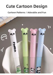Close-up of four colorful panda-themed erasable pens with 3D cartoon panda caps