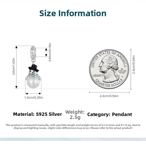 Detailed dimensions of S925 silver snowman charm with pearl next to a quarter coin
