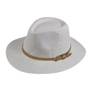 Close-up of woven panama hat with brown leather band and gold buckle detail