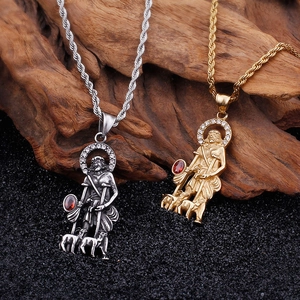 Retro San Lazaro Religious Pendant Necklace Stainless Steel With Red Stone And White Rhinestone Hip Hop Jewelry
