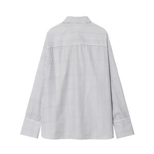 Back view of a loose fit grey and white striped poplin shirt with drop shoulders