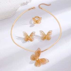 Detailed top view of gold butterfly jewelry set including necklace, ring and earrings