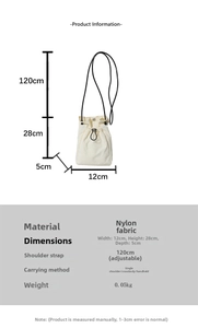 Detailed dimension chart for cream nylon bucket bag showing 28cm height and 12cm width