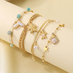Stainless Steel Ocean Starfish Sea Turtle Shell Anklet Multi Layer Summer Beach Bohemian Jewelry For Women