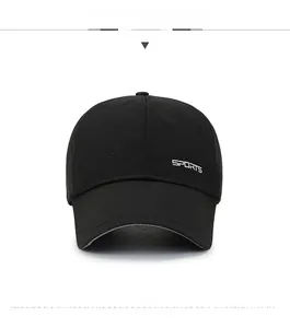 Detail view of black mesh baseball cap with white SPORTS embroidery and breathable fabric