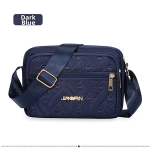 Detail of dark blue oxford crossbody bag featuring heart-shaped quilted embroidery and gold logo