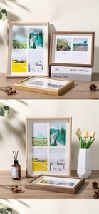 Detailed texture of Nordic wooden photo frame with multiple grids and white mat board