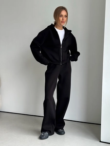 Sweat À Capuche Sportif Et Pantalon Large Couleur Unie Coton Peigné Fermeture Éclair Survêtement Décontracté Streetwear Pour Femmes