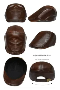 Detail view of brown leather cap with adjustable buckle and warm fold-out earmuffs