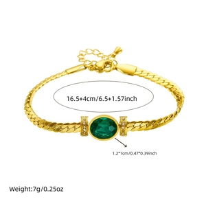 Elegant gold snake chain bracelet with green emerald oval stone and zircon accents