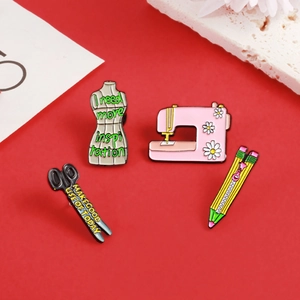 Creative sewing theme enamel pins featuring pink machine and tailor mannequin on red background