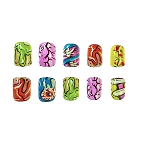 Macro detail of short square Halloween press-on nails with colorful brain and eyeball art