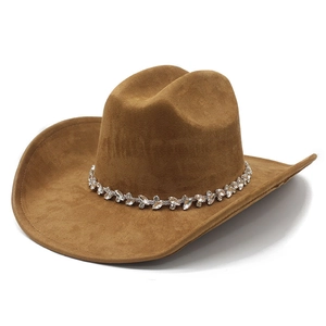 Brown wide-brim suede western cowboy hat with elegant rhinestone leaf headband decoration