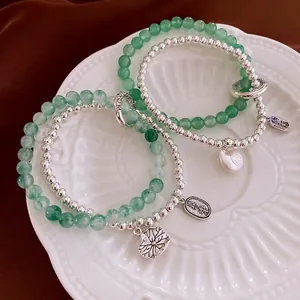 New Chinese style beaded green jade bracelet set with silver beads and fortune charms