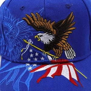 Close-up of intricate eagle embroidery with American flag pattern on a navy blue cap