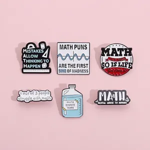 Set of 6 math-themed metal enamel pins with funny educational puns and geometric shapes