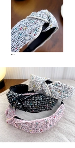 Detail of tweed knotted headbands in white, black, and pink with a soft textured finish