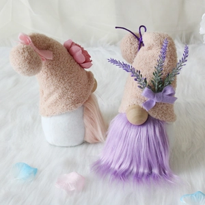 Pair of plush faceless gnomes with pink floral and purple lavender accents for Valentine gift