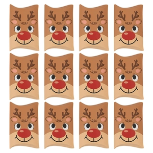 Set of 12 kraft paper Christmas pillow gift boxes with cute reindeer face cartoon design