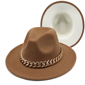 Detail of fedora hat showing golden acrylic chain and beige two-tone brim lining