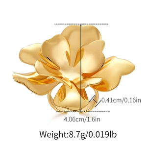 Detail view of gold flower ring showing dimensions 4.06cm height and 0.41cm band width