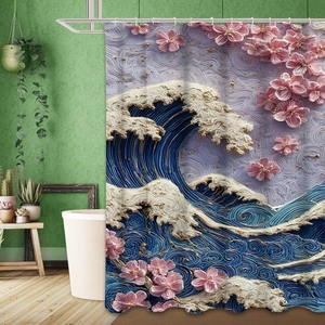 Detail of 3D embossed shower curtain featuring Great Wave off Kanagawa and pink cherry blossoms