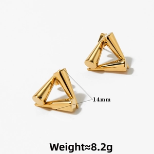 Detail view of 14mm gold geometric triangle earrings showing dimensions and 8.2g weight