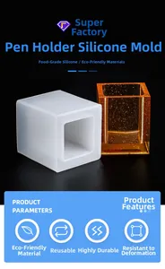 Macro view of square silicone mold for resin pen holder with a finished amber piece