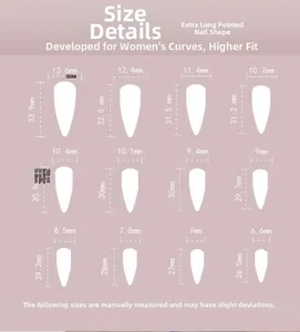 Size chart for 24 extra-long stiletto press-on nails in 12 different detailed dimensions