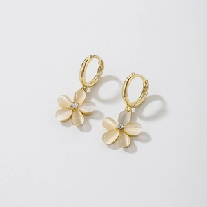 Elegant Flower Hoop Earrings Gold Plated Alloy With Cat Eye Stone And Rhinestone Inlay Steel Earring Post For Women