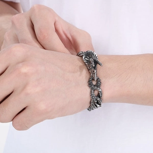 Vintage punk dragon head titanium steel cuban chain bracelet for men in retro silver finish