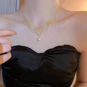 French palace style multi-layer lace fringe pearl necklace with gold metal finish