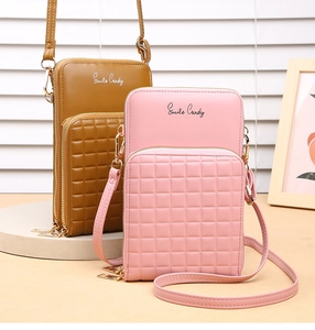 Chic quilted crossbody phone bags in pink and brown with dual zipper pockets