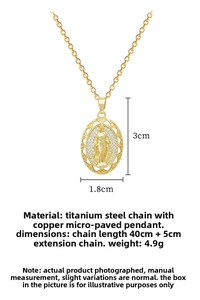 Macro view of gold stainless steel necklace with egg-shaped Virgin Mary pendant details
