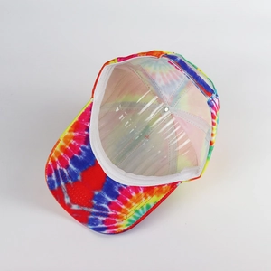 Detailed interior view of multi-color tie-dye baseball cap with sweatband and curved brim