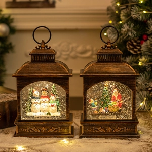Lighted vintage bronze Christmas lanterns with snowman and Santa scenes for holiday decor