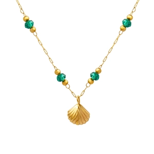 Elegant 18K gold plated seashell pendant necklace with green crystal beads on white background