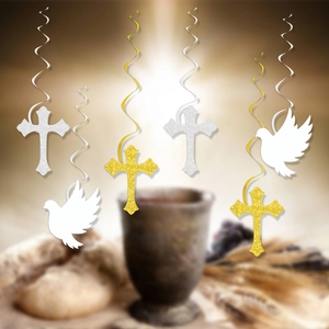 Religious ceiling hanging swirls with gold crosses and white doves for baby shower