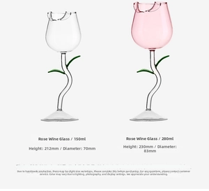 Detail view of rose-shaped wine glass showing pink and clear petals with a green leaf stem