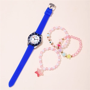 Blue silicone strap watch and pink beaded charm bracelets set with star pendants