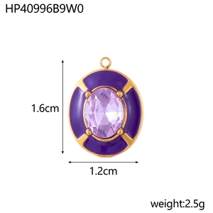 Oval purple zircon pendant with gold metal frame and violet enamel, 1.6cm x 1.2cm size