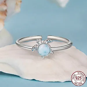 Adjustable S925 sterling silver ring featuring a blue sea turtle with zircon accents
