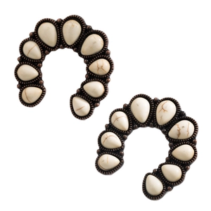 Ethnic C-shape drop earrings in vintage bronze metal with white teardrop stones