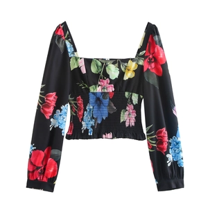 Floral Print Blouse Square Neck Puff Long Sleeve Smocked Waist Ruffle Hem Polyester Streetwear Top Women