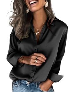 Elegant women's black satin long sleeve button-up shirt with a silky finish